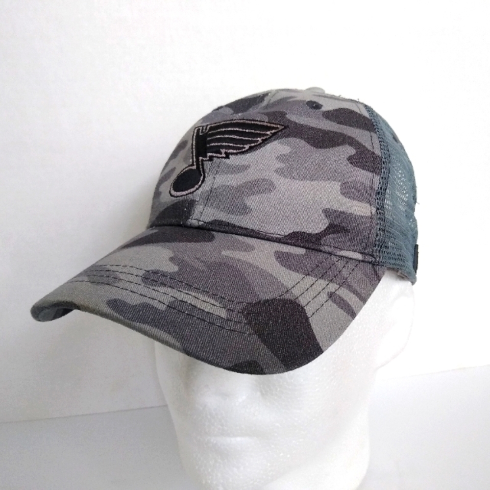 St Louis Blues Blue Note Gray Camo Trucker Hat Adjustable